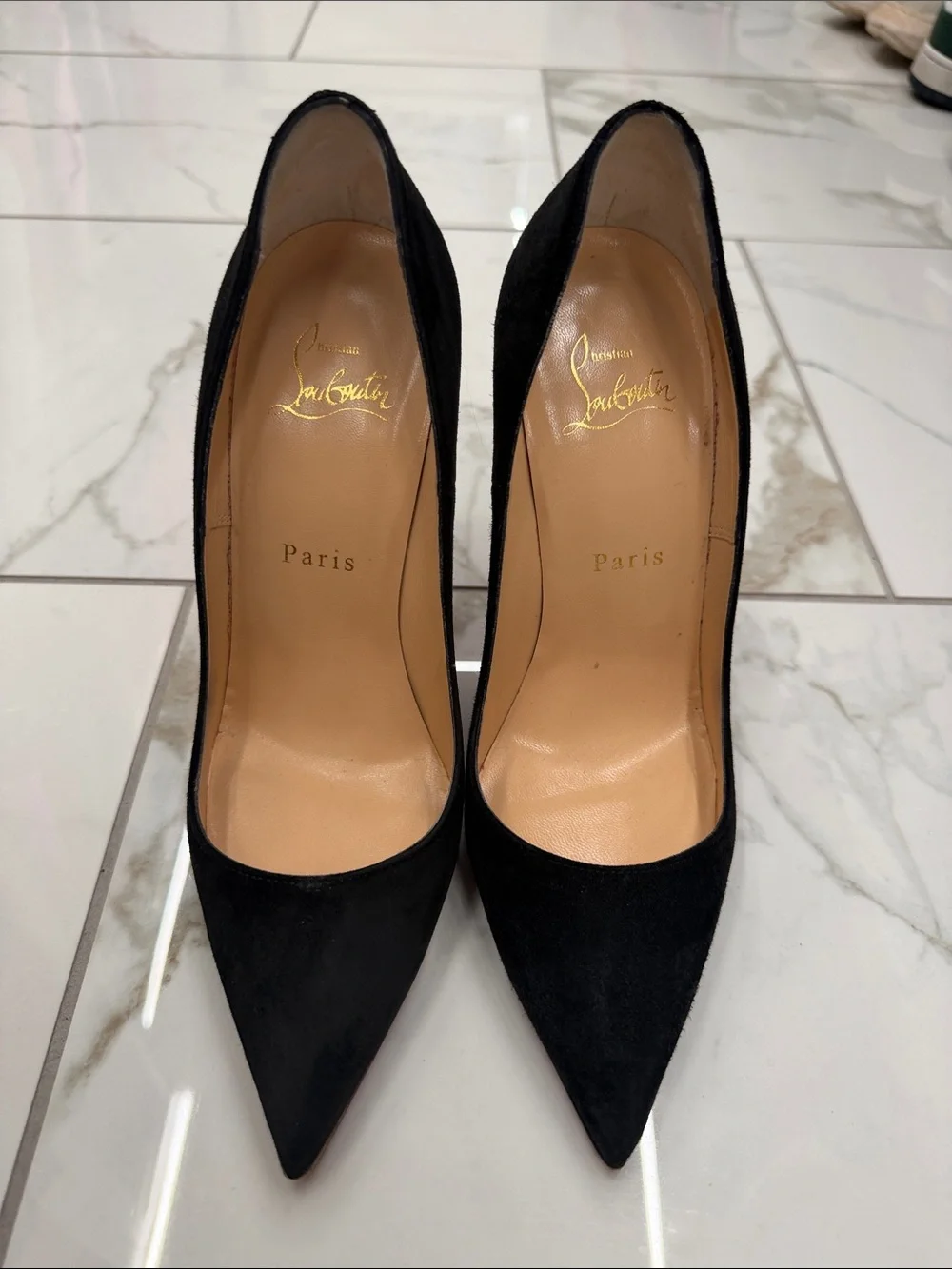 Christian Louboutin Black Suede Pointed Pumps with Signature Lining